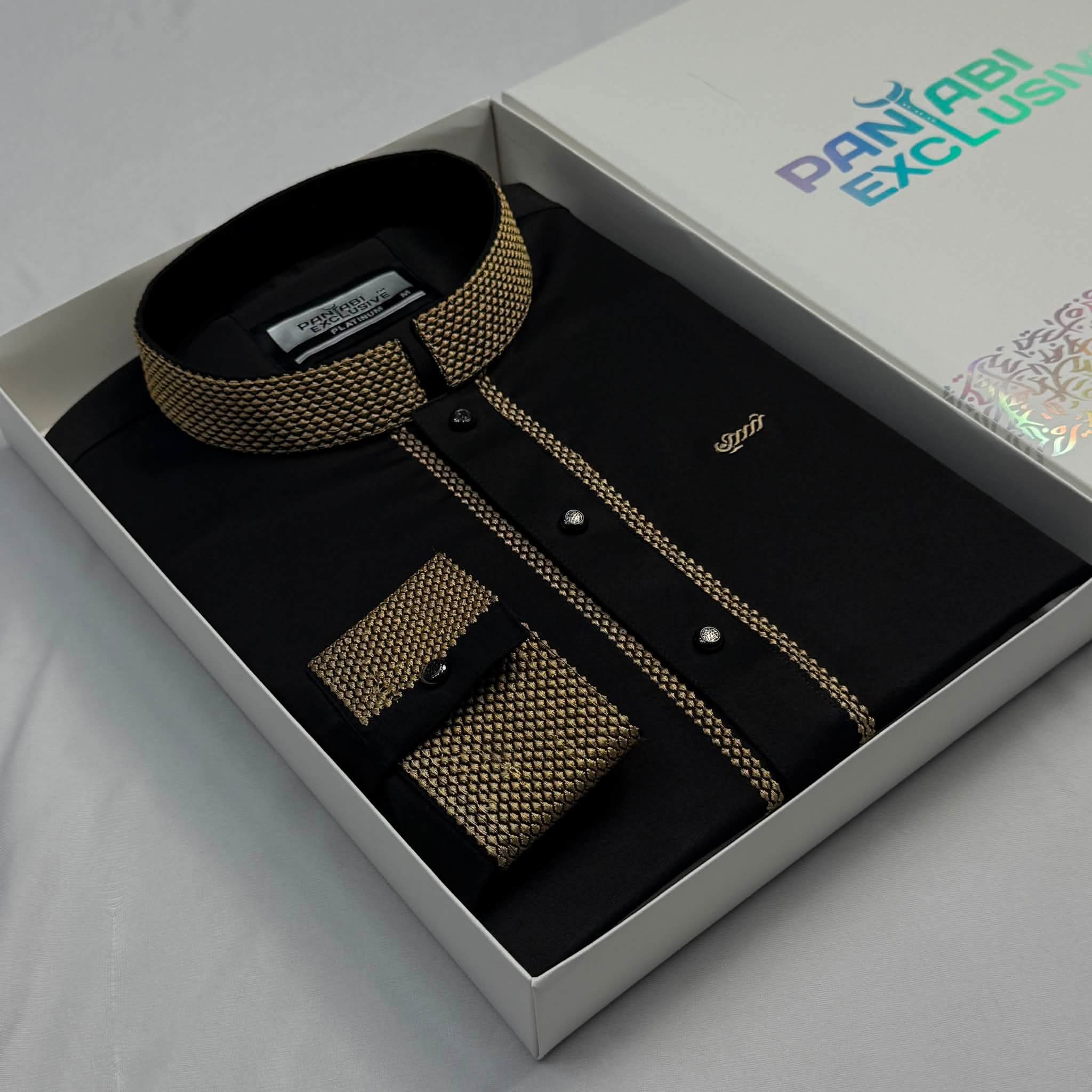 Super Comfortable Bamboo Cotton Embroidery Panjabi Black thumbnail 2