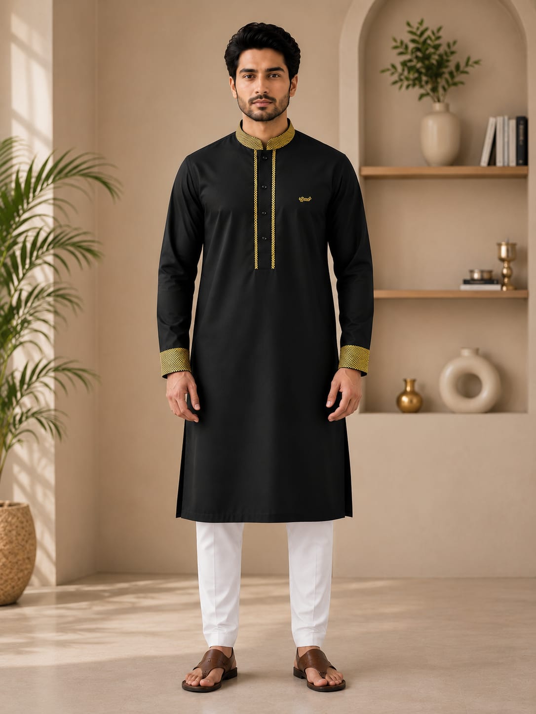 Super Comfortable Bamboo Cotton Embroidery Panjabi Black