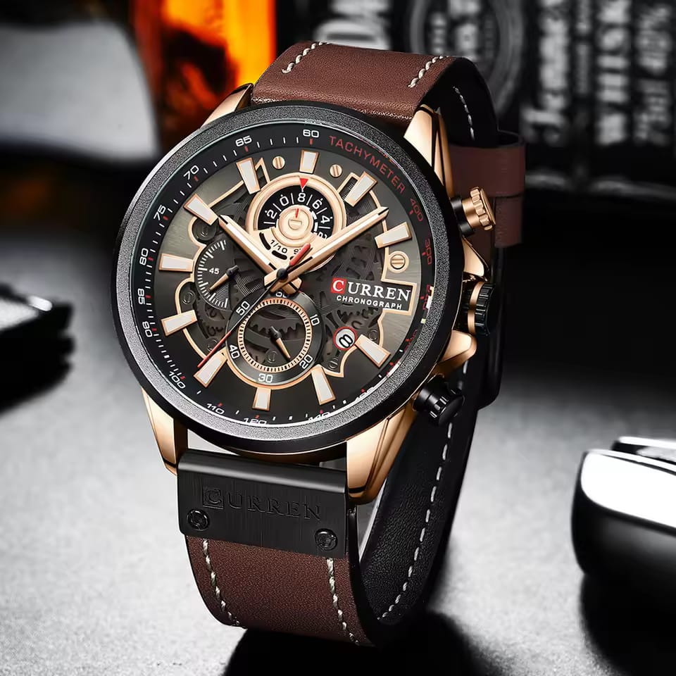 CURREN Optime Leather Strap Men's Watch BrownRose